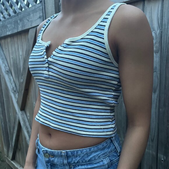 Forever 21 Blue and Yellow Striped Button Down Tank Top- Size S - Picture 2 of 2